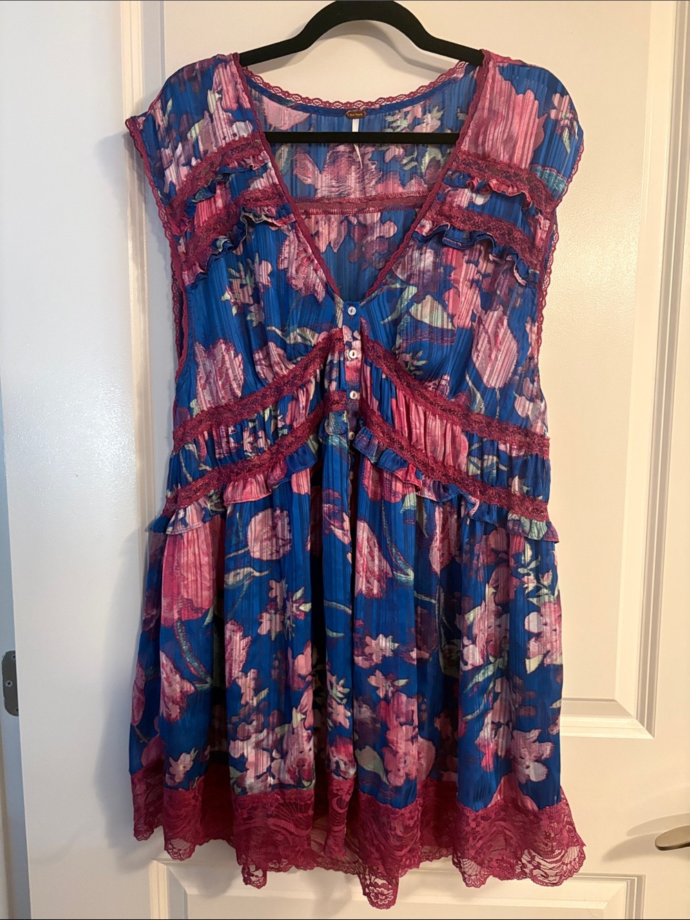 Free People Blue and Pink Floral Ruffle Dress
